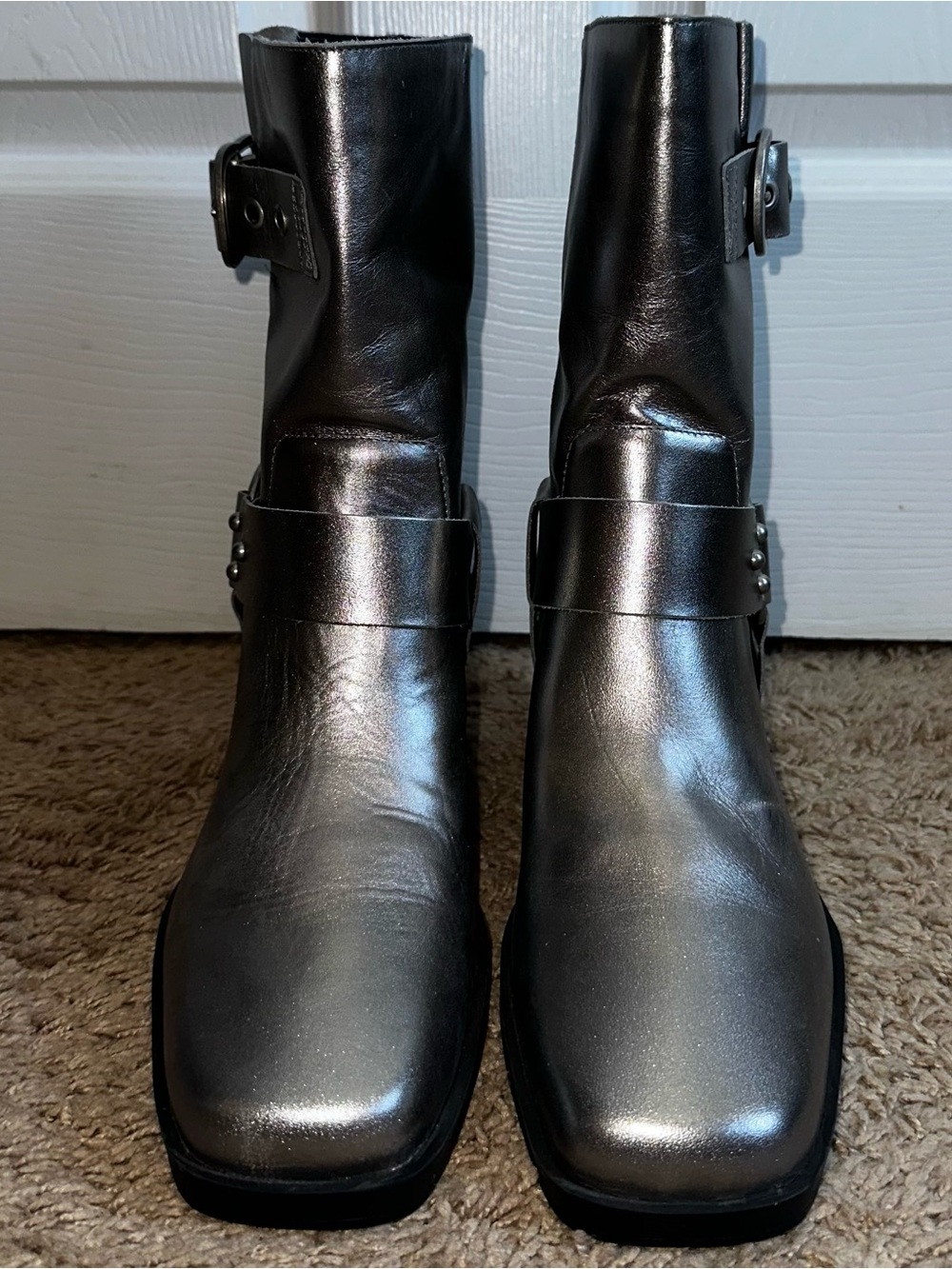 Arezzo ‘Kaia’ Leather Silver Biker Boots 10 NWOB